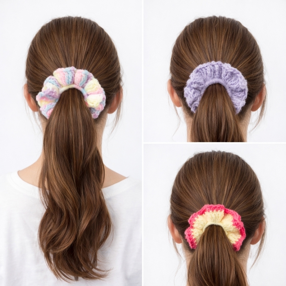 Handmade Textured Crocheted Scrunchies Ponytail Holder Hair Tie Set Of 3 - New